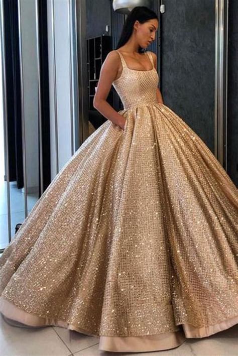 Beading Sequins Gold Ball Gown Prom Dress With Pocketslong Quinceanera