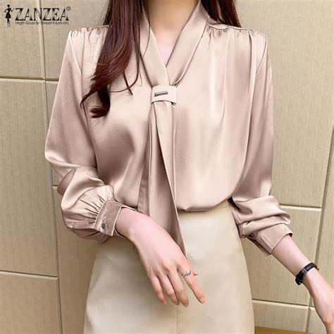 Zanzea Korean Style Women Formal Office Shirts Long Sleeve V Neck Satin Plain Blouse Tops