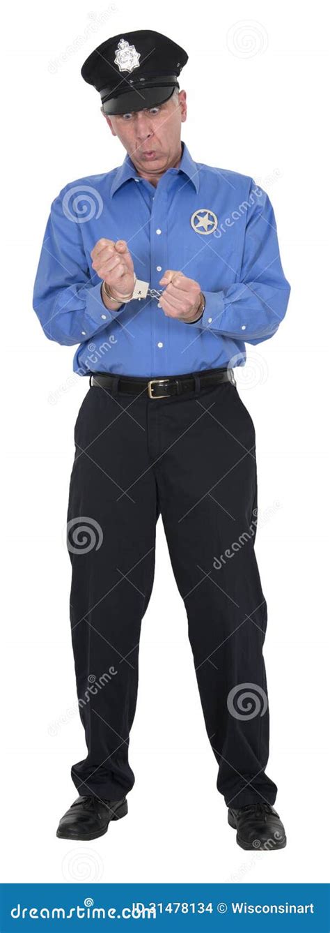 Funny Policeman Cop Security Guard Handcuffs Isolated Stock Photo