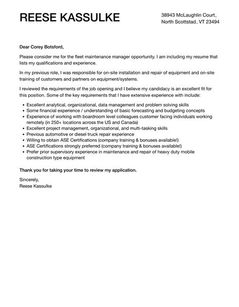 Fleet Maintenance Manager Cover Letter Velvet Jobs
