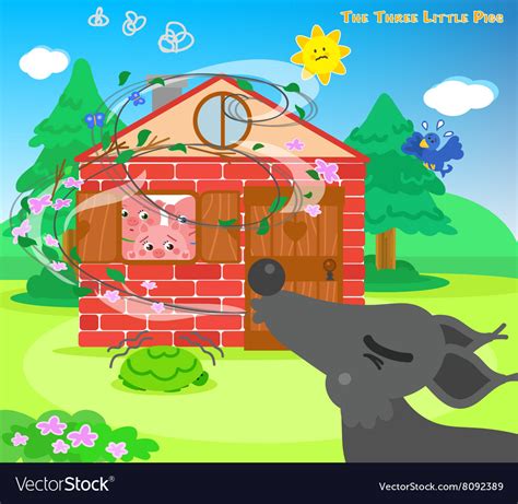 Three Little Pigs And Blowing Wolf Royalty Free Vector Image