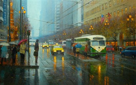 Painting Art Po Pin Lin Street City Rain Tram People