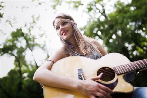 Beautiful Woman Playing Guitar In Nature Stock Image Image Of Play