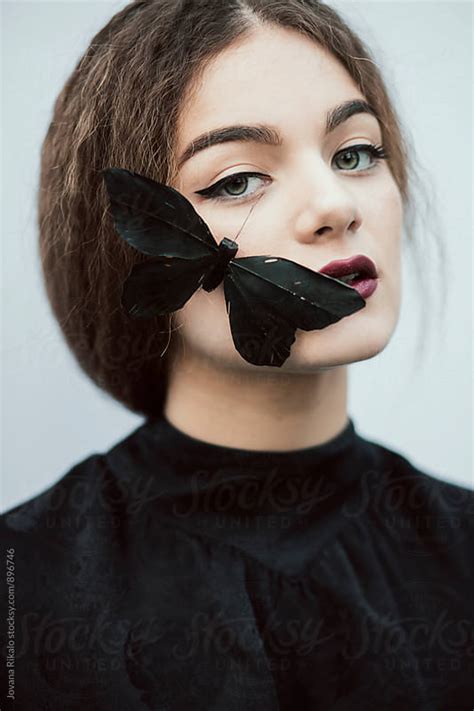 Portrait Of A Young Woman And Black Butterflies By Jovana Rikalo