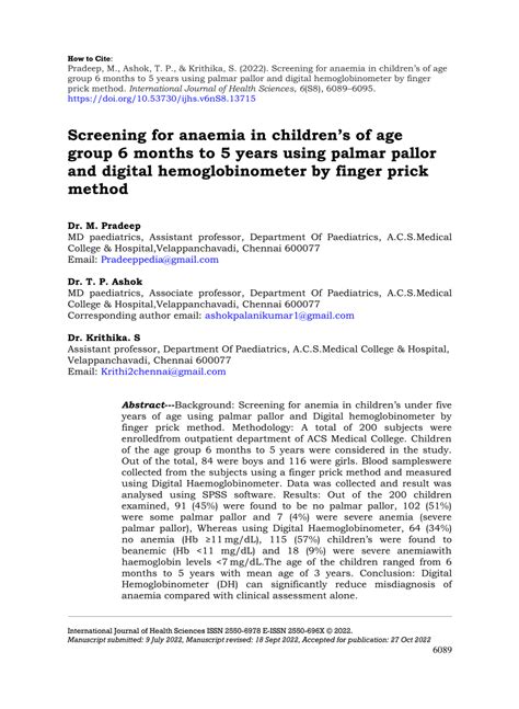 Pdf Screening For Anaemia In Childrens Of Age Group 6 Months To 5