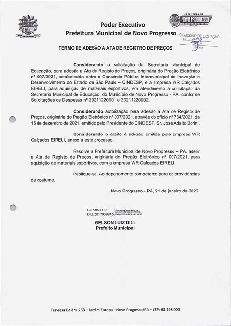 Termo De AdesÃo Prefeitura Municipal De Novo Progresso Gestão 2021 2024
