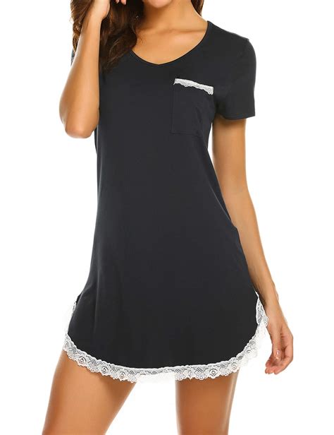 Ekouaer Nightgowns For Women Sexy Sleepshirts V Neck Short Sleeve Sleepwear Lace Trim Soft Short