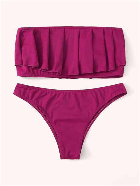 Purple Ruffle Bandeau Swimsuit Top With Low Rise Bikini Bottom Low