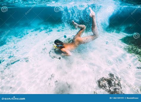 Naked Woman With Mask Swim And Dive In Tropical Ocean Stock Image My