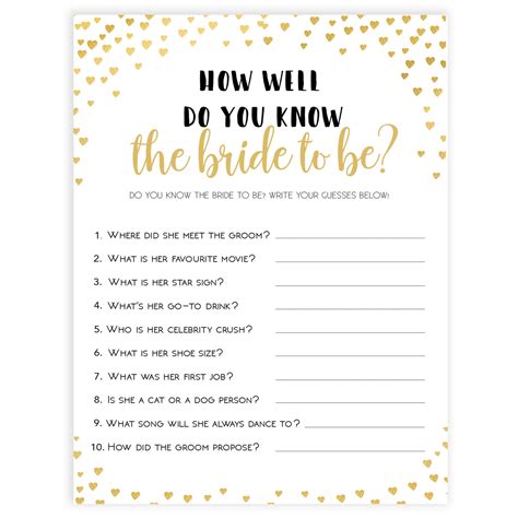 do you know the bride in gold hearts shop bridal shower games ohhappyprintables