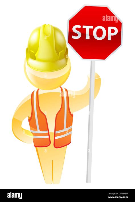 Stop Sign Construction Man With Hard Hat And Hi Vis Jacket Stock Photo