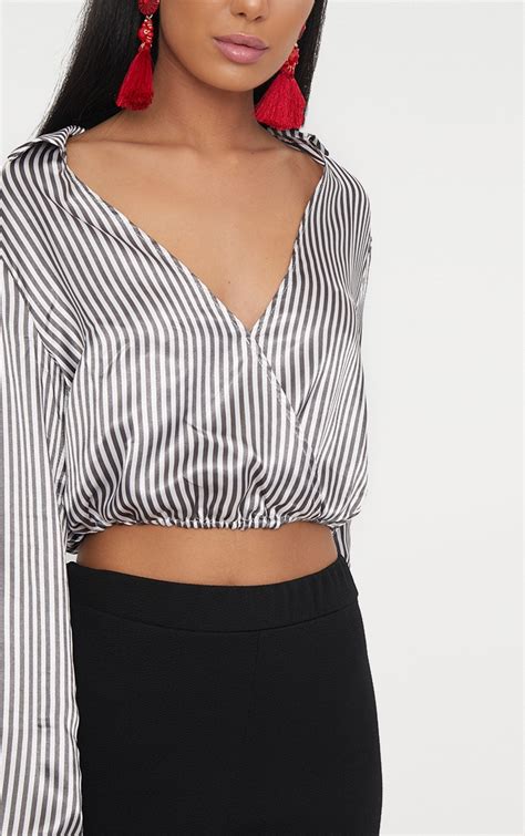 black white stripe satin pinstripe crop shirt prettylittlething usa