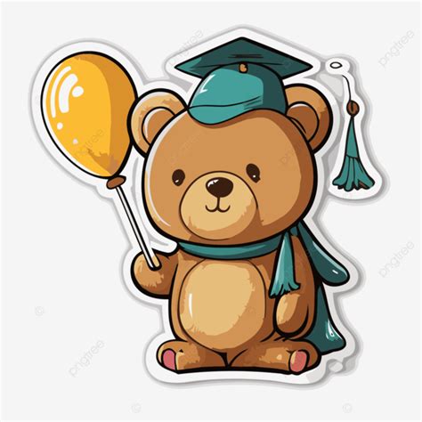 Graduation Sticker Cute Teddy Bear Holding Balloon Clipart Vector