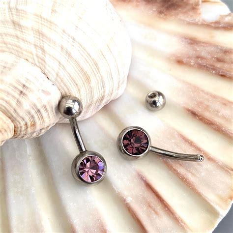 316L Surgical Steel Single Gem Navel Bar Cubic Zirconia Purple Colour