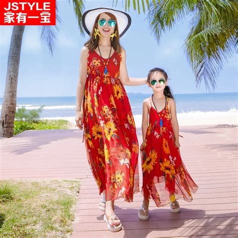 Bohemian Long Beach Dresses Matching Mother Daughter Dress Chiffon Dresses For Holiday Summer