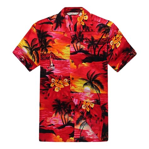 Details About Men Aloha Shirt Cruise Tropical Luau Beach Hawaiian Hawaii Rayon Sunset Red In