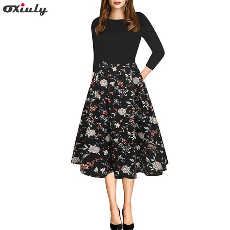 Oxiuly Women Floral Print Dark Blue Casual Party Office Skater Dress