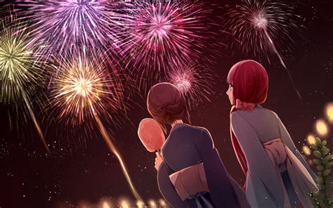 2girls Akizukimaria Blueeyes Brownhair Fireworks Japaneseclothes