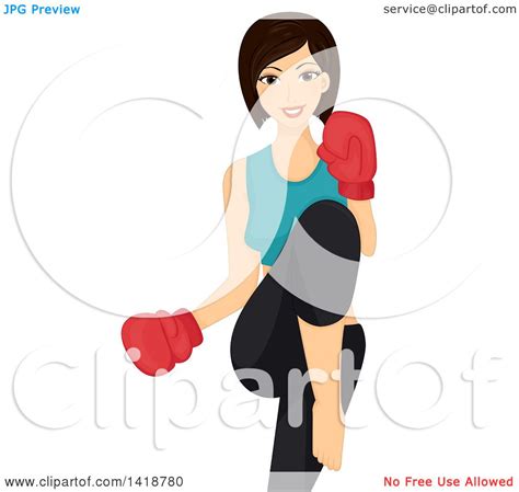 Clipart Of A Fit Woman Wearing Boxing Gloves And Kicking