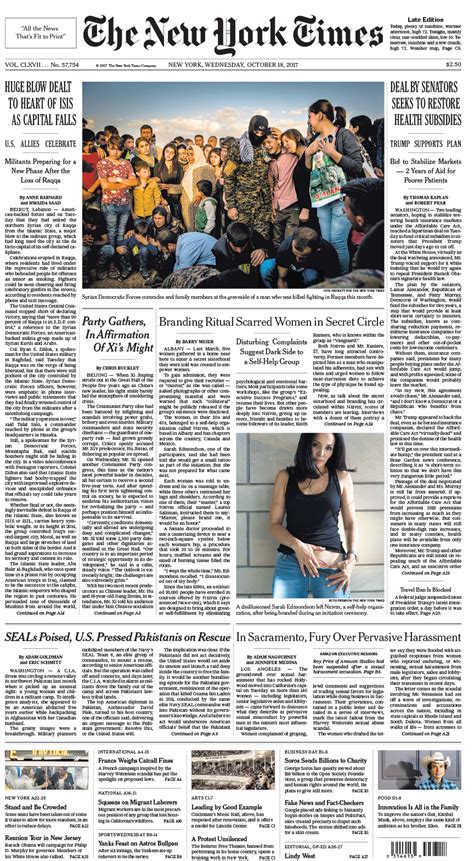 New York Times Front Page Oct 18 2017 Frank Report