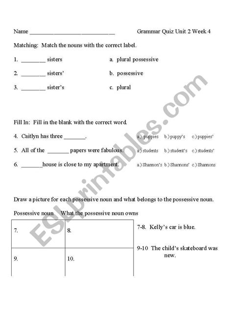 No muss, no fuss, this straightforward possessive apostrophe quiz is a quick, tidy way for your first grader to practice punctuation. English worksheets: Plural Possessive Noun Quiz