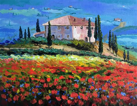 Tuscany Landscape Wildflowers Art Poppy Oil Painting On Canvas Water