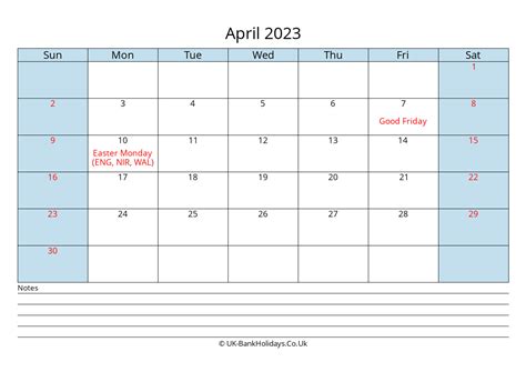 April 2023 Calendar Printable With Bank Holidays Uk