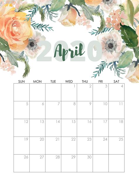 floral april  calendar calendar printables cute calendar april