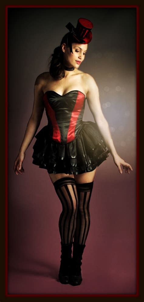 Red And Black Satin Burlesque Corset Ribbon Trimmed Skirt And