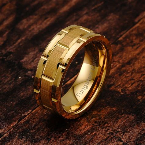 Tungsten Ring For Men Wedding Band Gold Brick Pattern Brushed Beveled