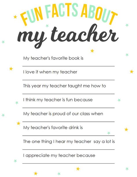 They helps us to improve our teachers day essay 2 (150 words). Teacher Appreciation Printable: Fun Facts About My Teacher ...