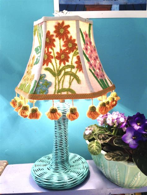 Flower Crewel Lamp Shade Boho Lampshade Trimmed With Vintage Pom Pom