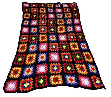 Granny Square Afghan Black Blanket Handmade Couch Sofa Throw Bed Spread