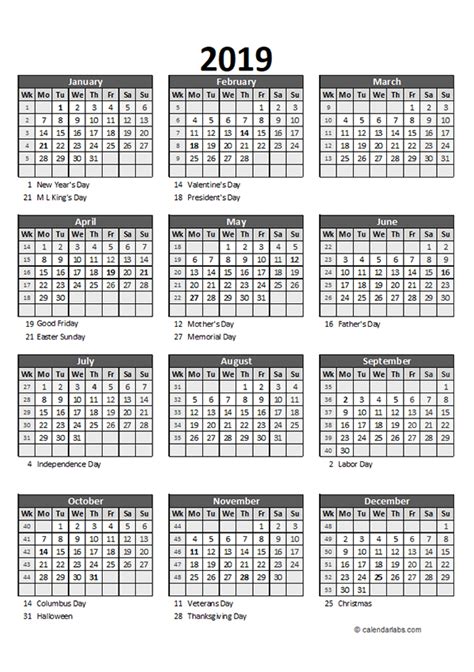 Editable 2019 Yearly Spreadsheet Calendar Free Printable Templates
