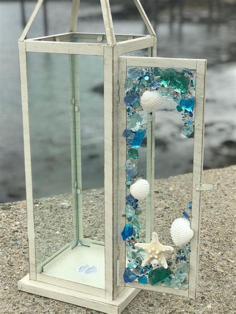 free shipping large beach glass lantern with shells and etsy canada in 2023 glass lantern