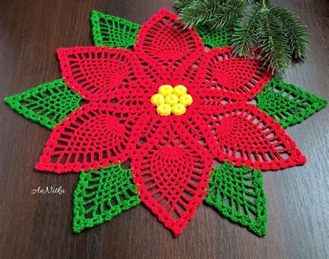 Crochet Lace Poinsettia Doily Christmas Table Decor Etsy Christmas