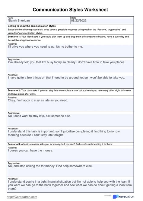Communication Styles Worksheet And Example Free Pdf Download
