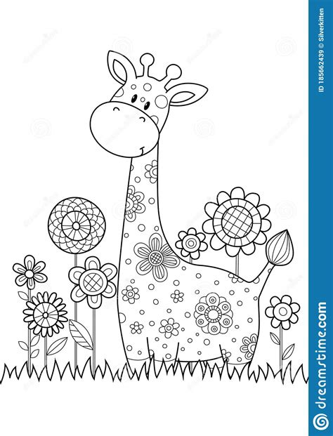 Doodle Coloring Book Page Cute Giraffe In Flowers Antistress For Adult