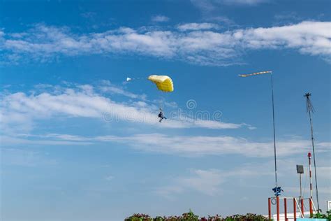 Parachutist Is Flying In The Sky Sunny Contrast Image Stock Photo