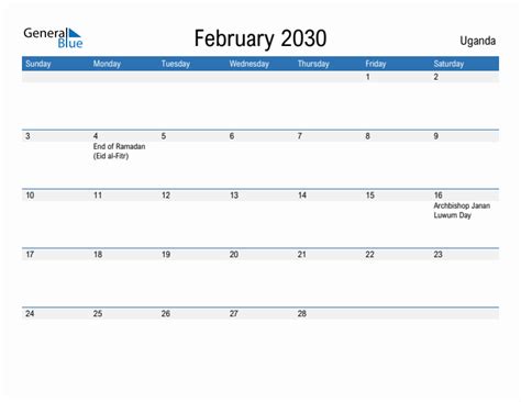 Editable February 2030 Calendar With Uganda Holidays