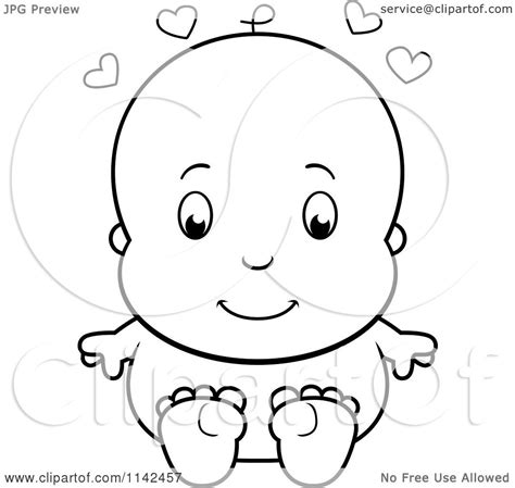Cartoon Clipart Of A Black And White Cute Baby Sitting Naked Vector Outlined Coloring Page By