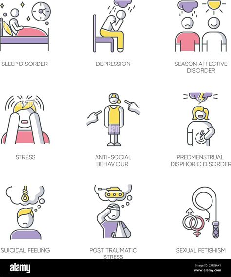 Mental Disorder Color Icons Set Sleep Deprivation Depression Season
