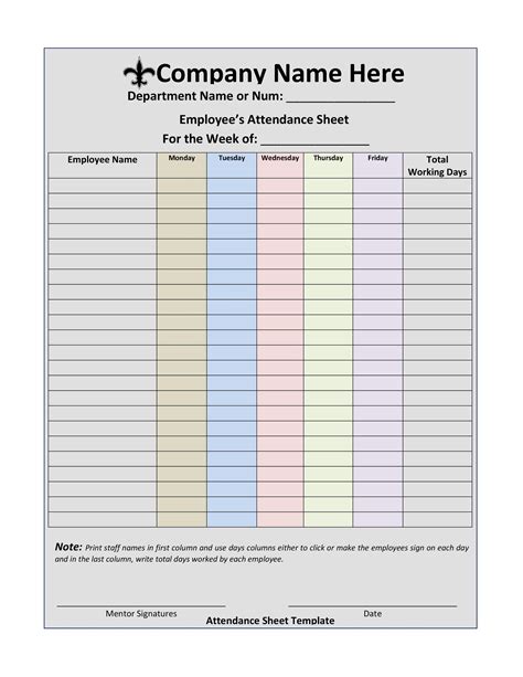 Free Printable Weekly Attendance Sheet Template Printable Templates