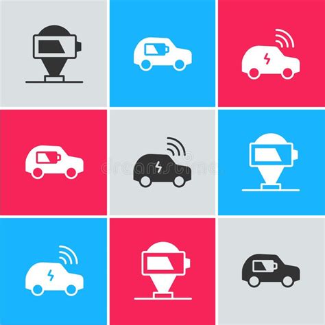 Set Battery Charge Electric Car And Smart System Icon Vector Stock