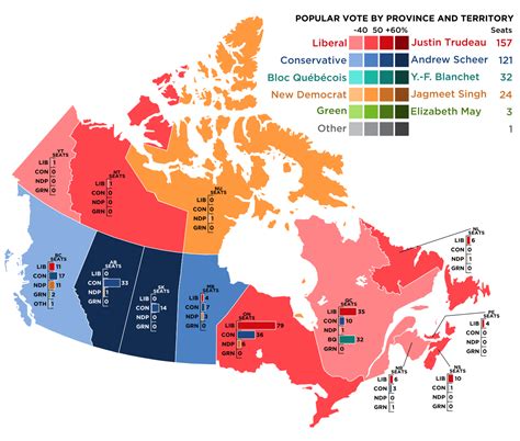 Après une campagne serrée entre le parti libéral et les conservateurs au coude à coude dans les intentions de vote, les résultats étaient jugés incertains. File:Canada 2019 Federal Election.svg - Wikimedia Commons