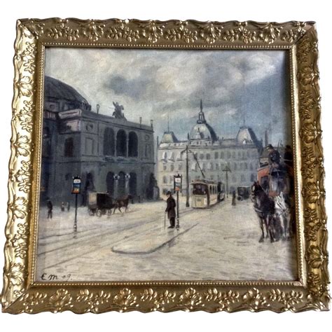 E M European Figural Street Scene In Town Square Antique Oil Painting