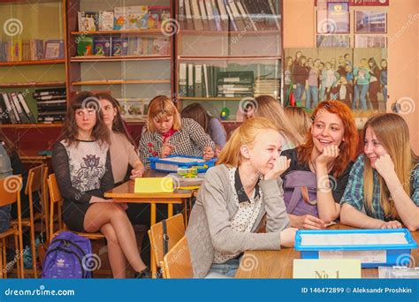 Girls Students In The Classroom At Their Desks Editorial Stock Image