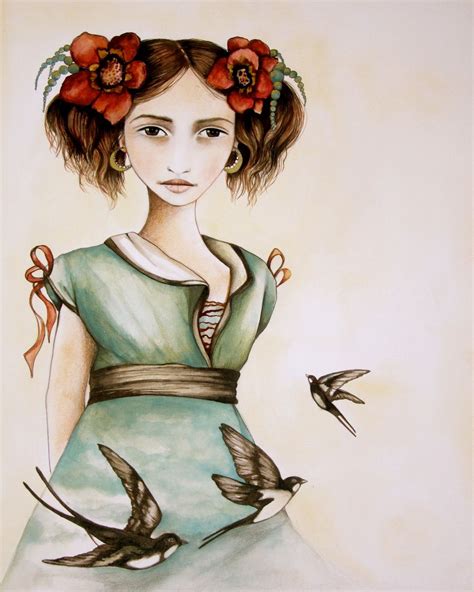 A Drawing Of A Woman In A Dress With Birds On Her Head And Flowers In
