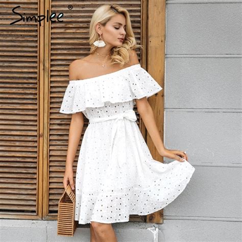 Simplee Sexy Off Shoulder Ruffle Dress Women Elegant Tie Up White Dress
