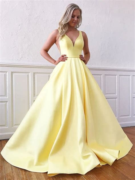V Neck Yellow Satin Prom Dresses V Neck Yellow Formal Evening Graduation Dresses In 2020